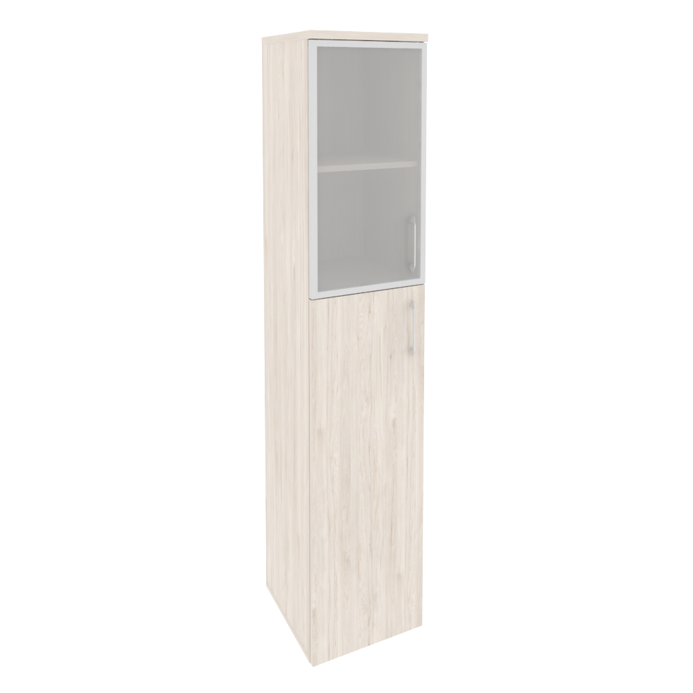 Шкаф высокий узкий левый (1 средний фасад ЛДСП + 1 низкий фасад стекло в раме)