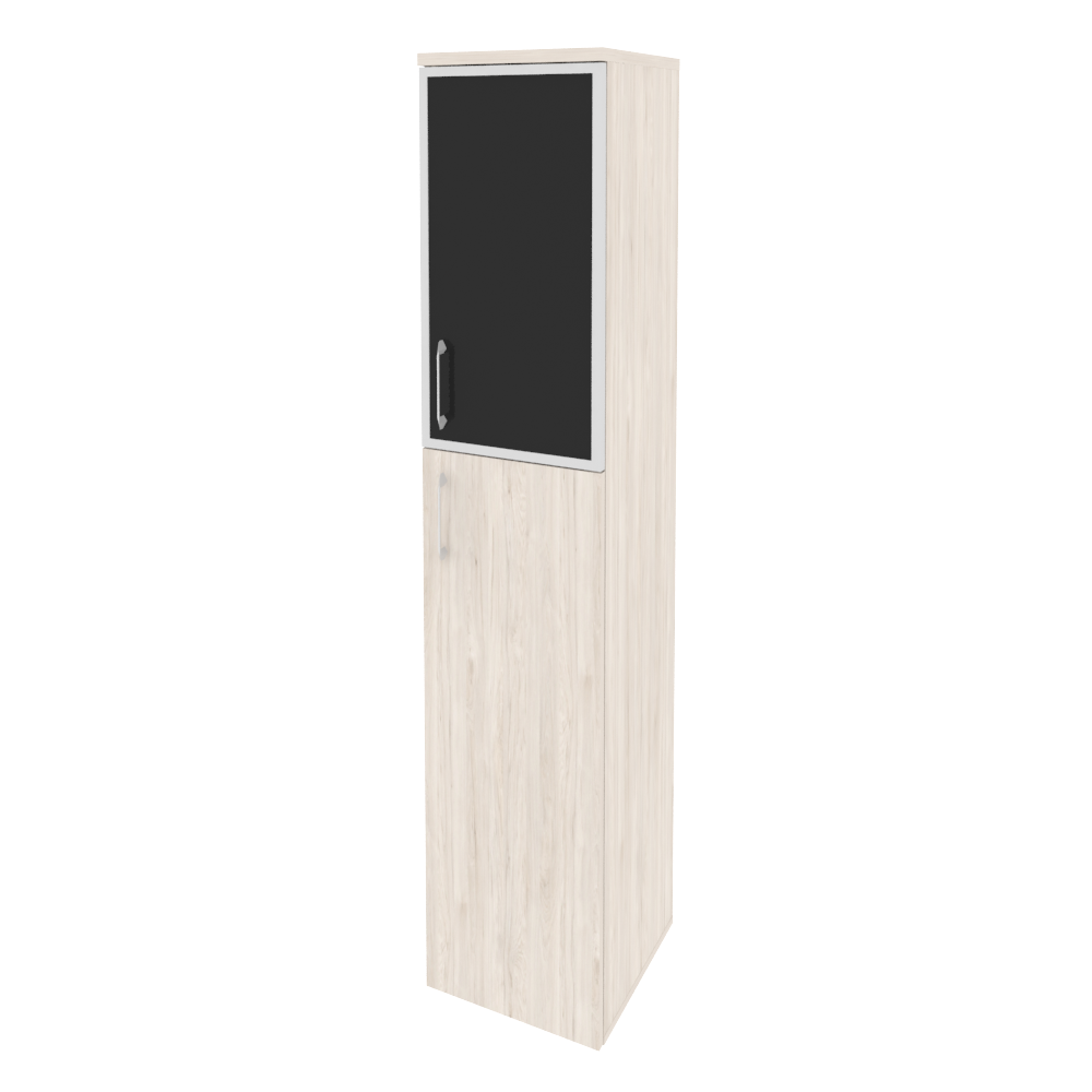Шкаф высокий узкий правый (1 средний фасад ЛДСП + 1 низкий фасад стекло лакобель в раме)