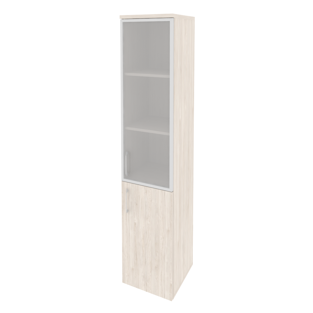 Шкаф высокий узкий правый (1 низкий фасад ЛДСП + 1 средний фасад стекло в раме)