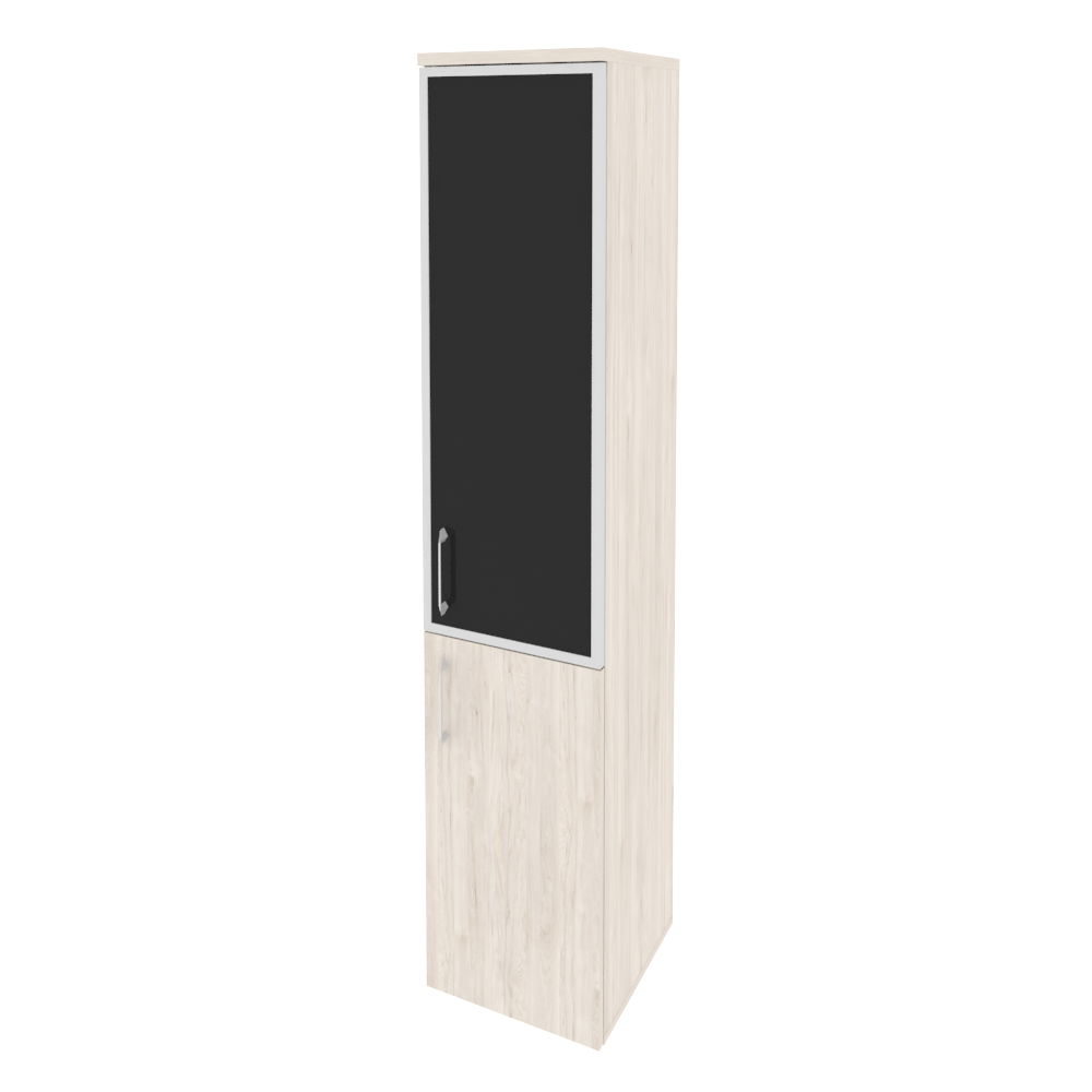 Шкаф высокий узкий правый (1 низкий фасад ЛДСП + 1 средний фасад стекло лакобель в раме)